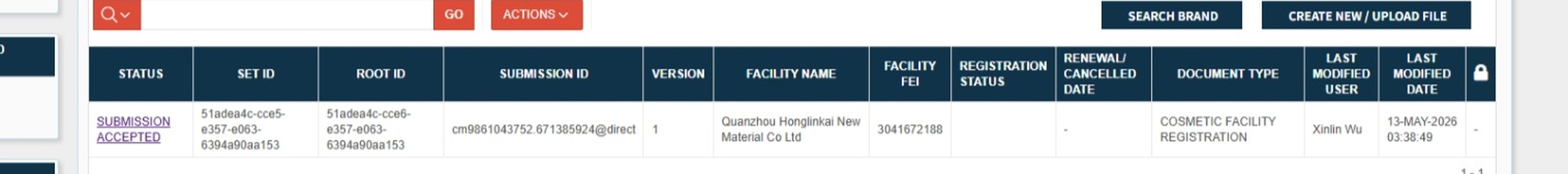 FDA Cosmetics Direct search result showing the submission accepted