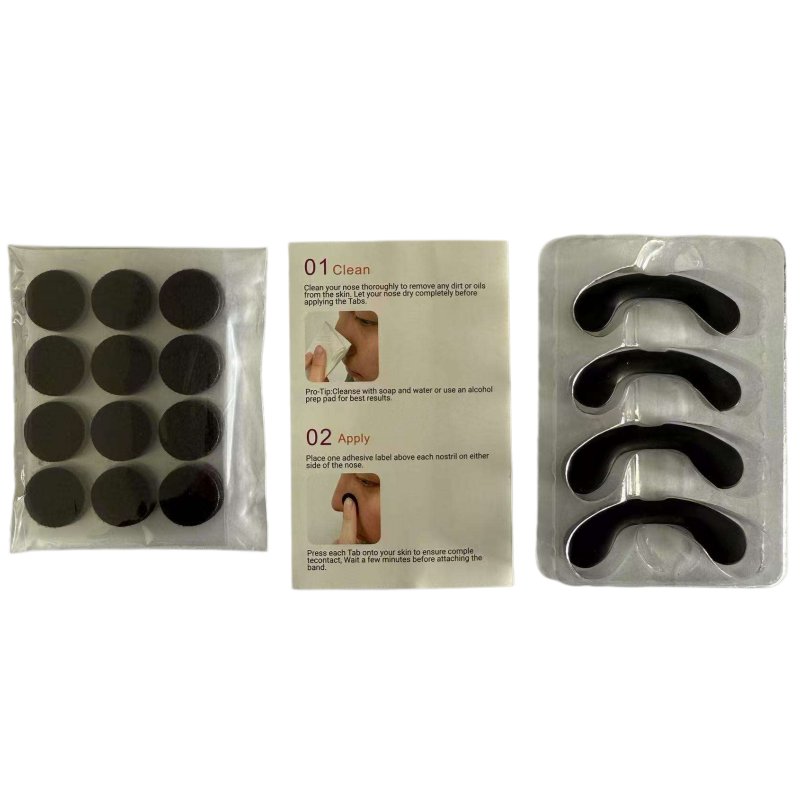 Application kit showing velcro adhesive tabs, step-by-step instruction card with photos of cleaning, applying, tail placement, and attachment, plus dilator units in blister packaging