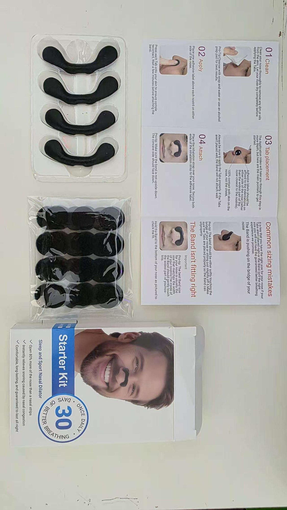 HLK Sport Nasal Dilator Starter Kit showing product packaging with "Sleep and Sport Nasal Dilator" branding, 30-count velcro tabs, instruction card, and dilator units